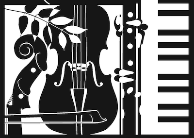 Stylized graphic of string and keyboard instruments